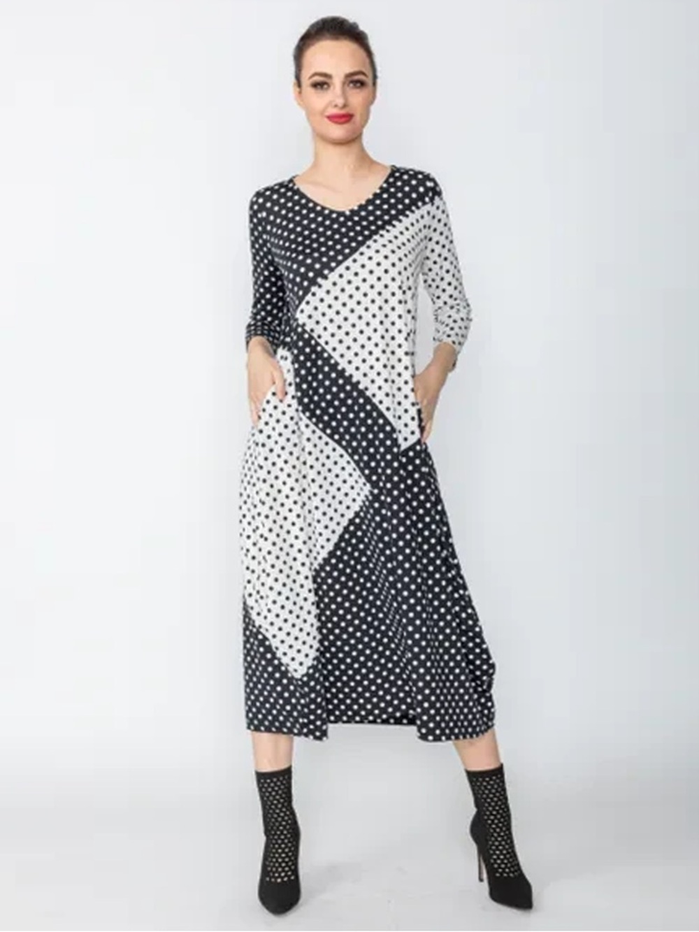 IC by Connie K - Polka Dot Swing Dress - Black & White Colorblock